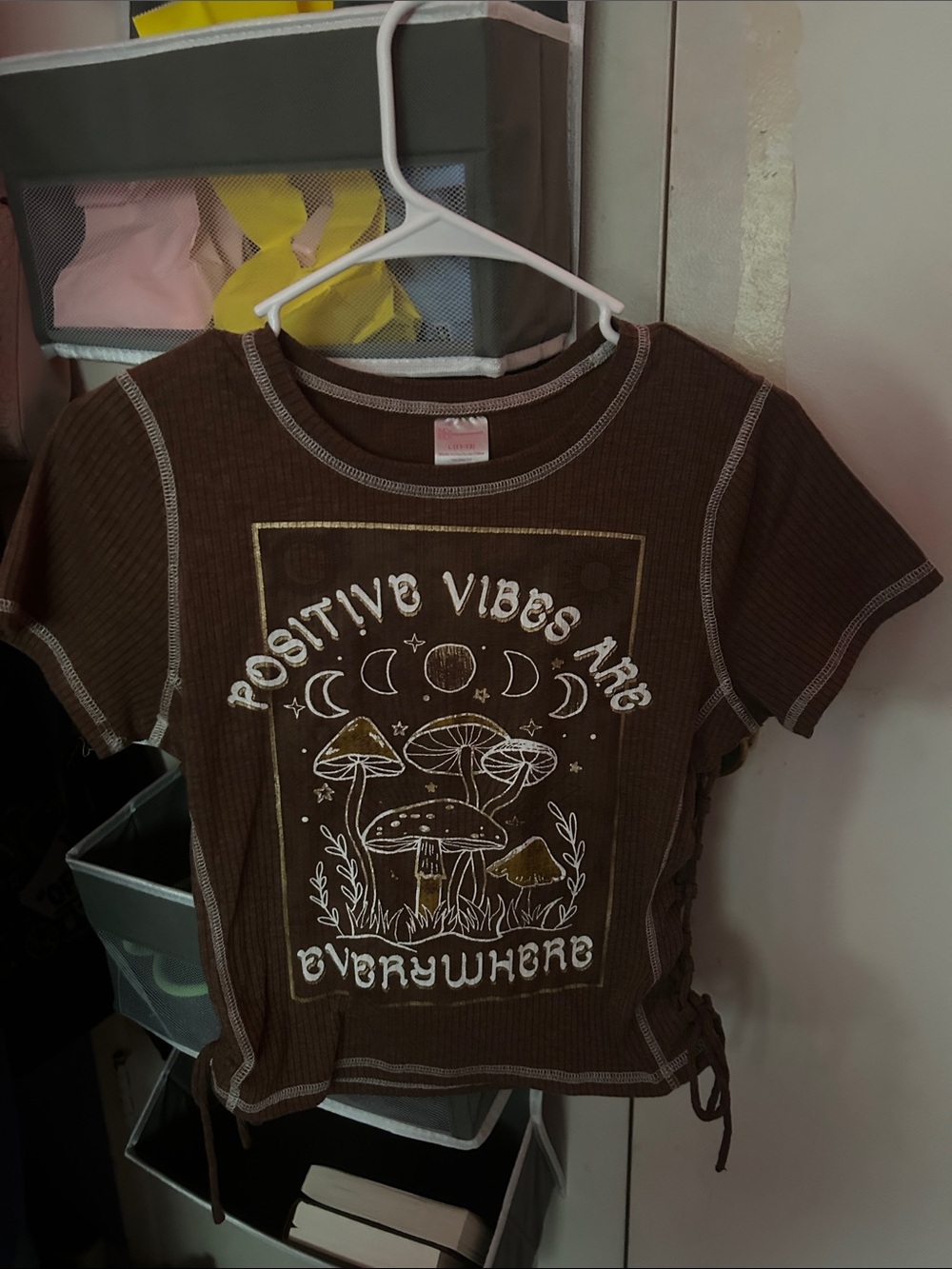 No Boundaries Brown Graphic 'Positive Vibes' Tee with Side Tie